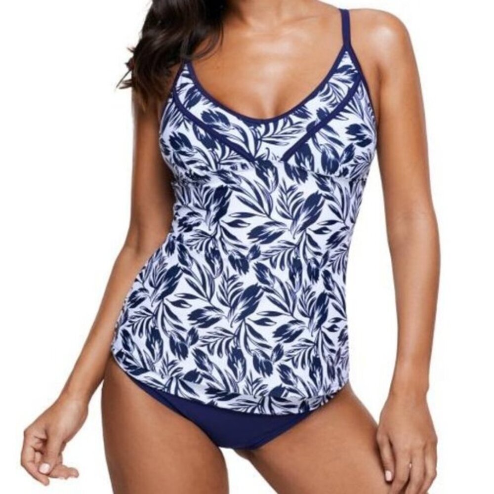 Navy Blue & White Leaf Floral Print 2 PieceTankini Swimsuit